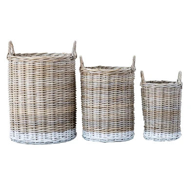Beige Rattan Baskets with White Dipped Base & Handles Set