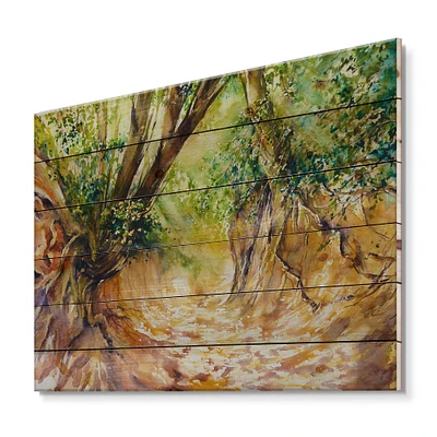 Designart - Little Forest Road - Traditional Print on Natural Pine Wood