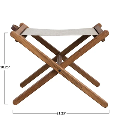 21" Natural Teak Wood & Linen Folding Stool