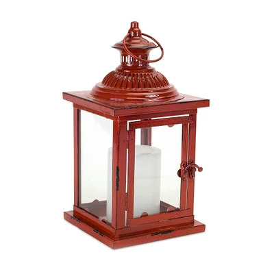 13" Rustic Red Metal & Glass Lantern