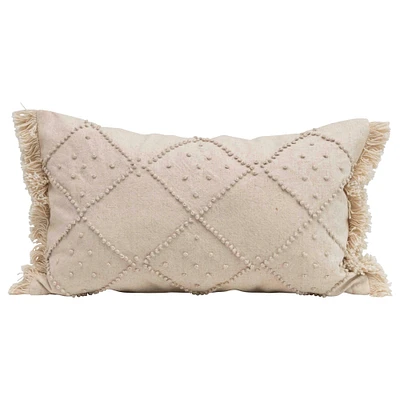 Diamond Design & Fringed Ends Cotton & Linen Lumbar Pillow