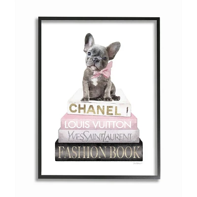 Stupell Industries Dashing French Bulldog and Iconic Fashion Bookstack Framed Wall Art