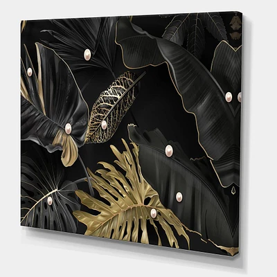 Designart - Black and Gold Tropical Leaves III - Modern Canvas Wall Art Print