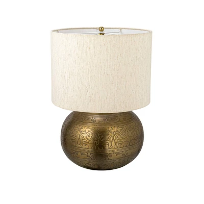 20" Antique Brass Finish Round Etched Metal Table Lamp with Cotton Shade