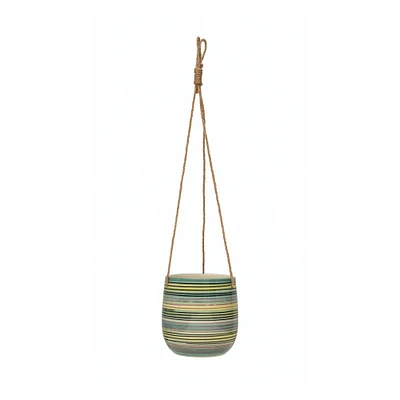 7" Hanging Stoneware Striped Planter with Jute Rope Hanger