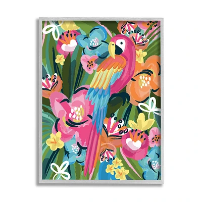 Stupell Industries Tropical Flowers and Parrot Whimsical Florals in Gray Frame Wall Art