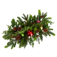 24" Cedar Pine, Pinecones & Ornaments Artificial Christmas Arrangement in Tin Vase