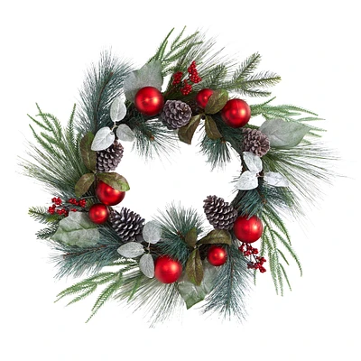 24" Assorted Pine, Pinecone & Berry Christmas Wreath with Red Ornaments