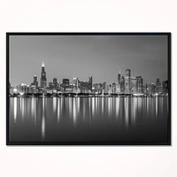 Designart - Chicago Skyline at Night Black and White - Cityscape Framed Canvas Print