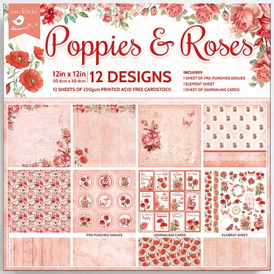 Little Birdie Poppies & Roses Cardstock Pack 12" x 12"