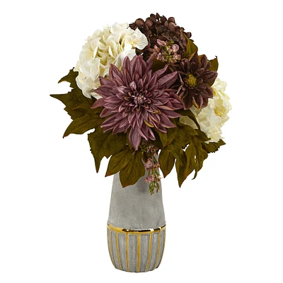 17" Peony, Hydrangea & Dahlia Arrangement in Gold Trimmed Stoneware Vase