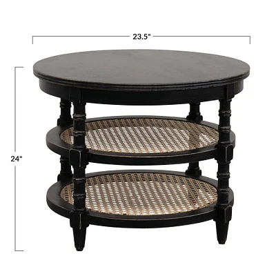 24" Black Mango Wood Table with Cane Shelves