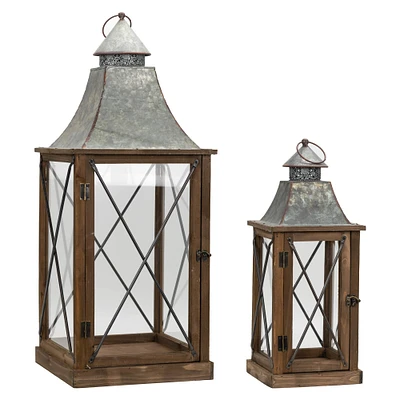 Brown and Tin Wood, Metal & Glass Lantern Set, 22'' & 33.5''