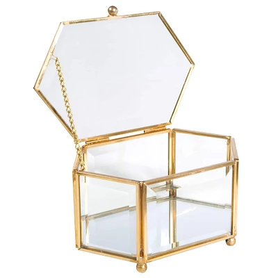 Home Details Vintage Mirrored Bottom Gold Hexagonal Glass Keepsake Box