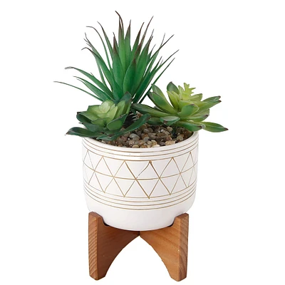 Flora Bunda® 5" Faux Succulents In Gold Paint Ceramic Footed Stand