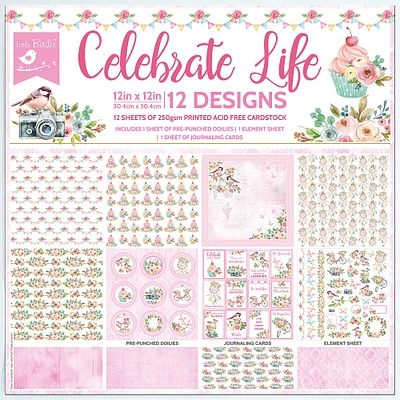 Little Birdie Celebrate Life Cardstock Pack 12" x 12"