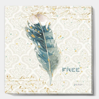 Designart - Damask Painted Gilded Feather on Blue - Nautical & Coastal Canvas Art