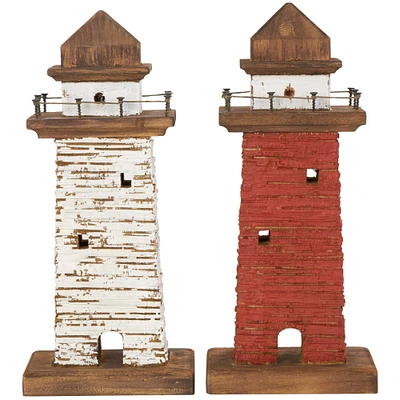Red & White Wood Light House Sculpture Set