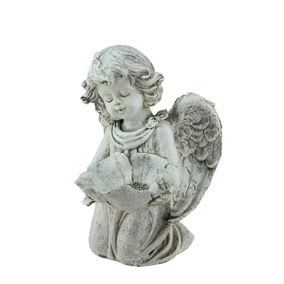 9.5" Heavenly Gardens Gray Distressed Kneeling Cherub Angel Bird Feeder Outdoor Garden Statue