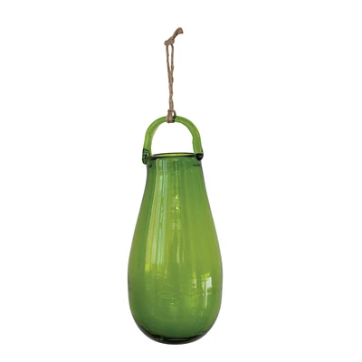10" Green Hand Blown Glass Hanging Vase