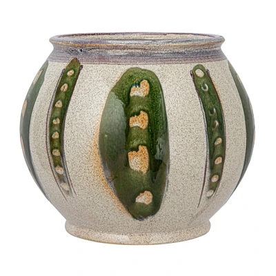 11.25" Green & Cream Round Hand-Painted Stoneware Planter