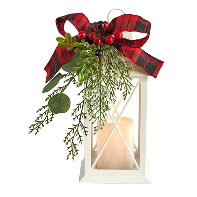 12" White Lantern with Berries, Pine & Plaid Bow Artificial Christmas Table Arrangement with LED Candle