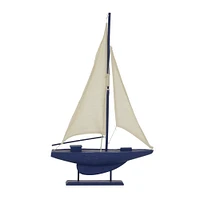 Coastal Dark Blue Wooden Sailboat Sculpture, 28" x 17" x 3"