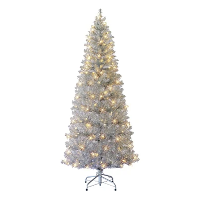6.5ft. Pre-Lit Silver Tinsel Artificial Christmas Tree, Clear Incandescent Lights