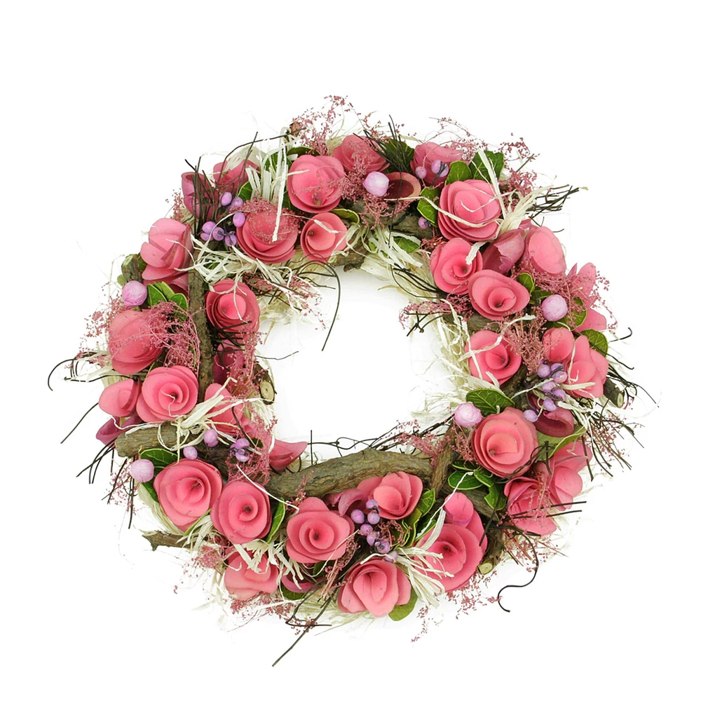 12.5" Pink Flowers & Berries with Green Leaves & Twigs Spring Wreath