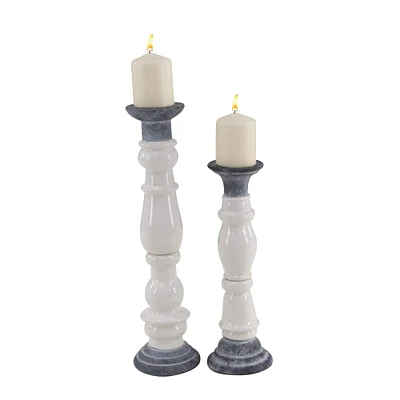 White & Dark Gray Stoneware Country Candle Holder Set