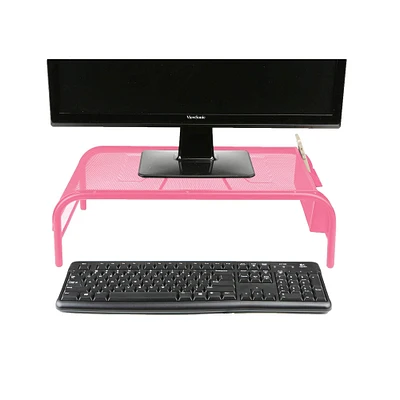 Mind Reader Pink Metal Mesh Monitor Stand with 2 Storage Compartments