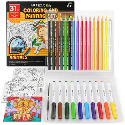 Arteza® Kids Canvas Paint Kit, 3 canvas 4x4 in, Watercolor pencils and markers, Safari