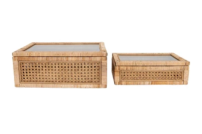 Woven Rattan Display Boxes with Glass Lids Set