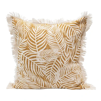 Mustard & Natural Palm Frond Pattern & Fringe Pillow