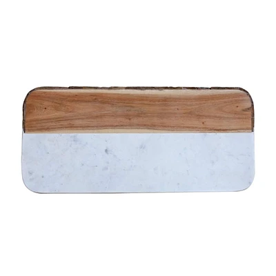 15.5" White Marble & Mango Wood Rectangle Cheese Board