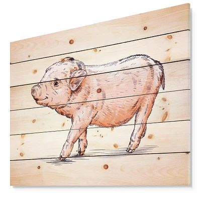 Designart - Happy Pig Portrait in Brush Painting - Farmhouse Animal Painting Print on Natural Pine Wood