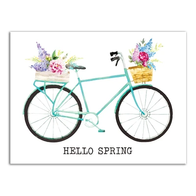 Hello Spring with Teal Bike Canvas Art