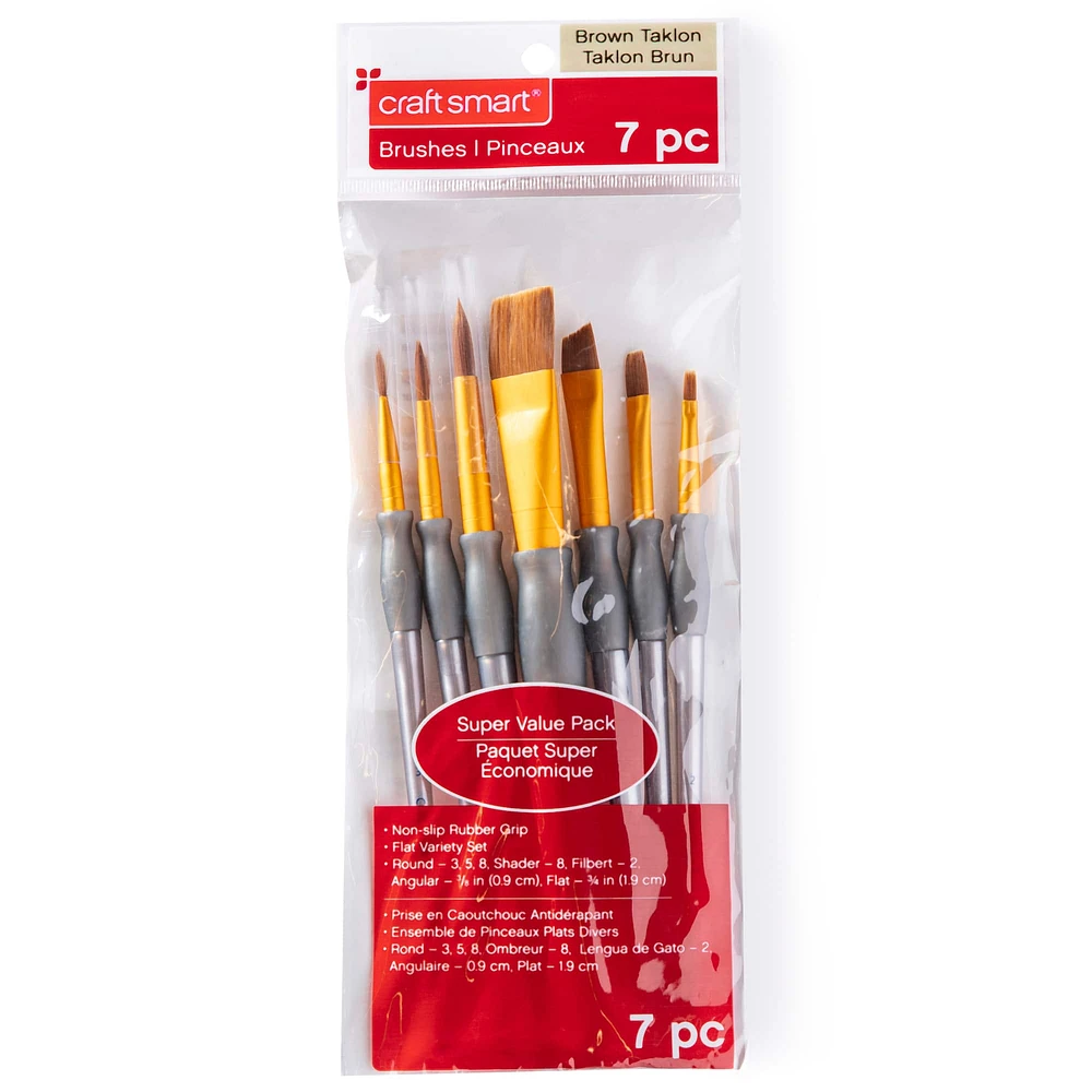 Craft Smart® Flat Variety Brush Set Brown Taklon, 7 Pc