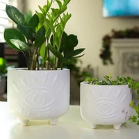 Flora Bunda® Matte White Evil Eye Ceramic Footed Planter Set