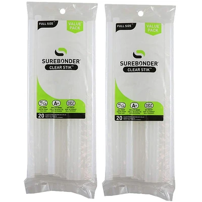 Surebonder® Clear Dual Temp Full Size Glue Sticks, 2 Packs of 20