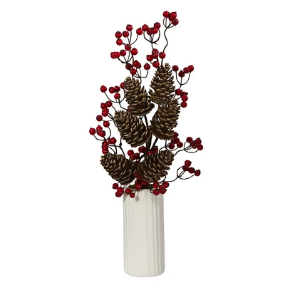 23" Pinecone & Berries Arrangement in White Vase