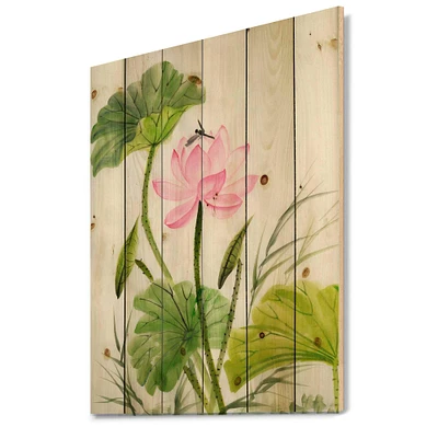 Designart - Single Vintage Lotus Flower With Green Leaves - Traditional Print on Natural Pine Wood