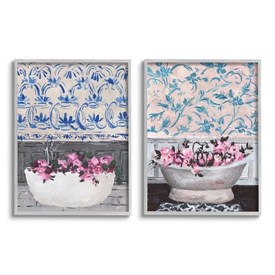 Stupell Industries Flowers In Bath Tub Pink Blue Interior Design in Gray Frame Wall Art