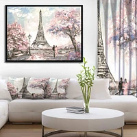 Designart - Eiffel with Pink Flowers - Landscape Framed Canvas Art Print