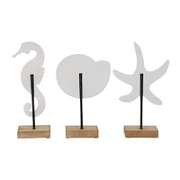 Set of 3 White Plastic Coastal Sea Animals Sculpture, 13.25", 13.25", 13"