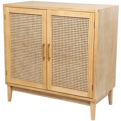 Light Brown Wood Cabinet with Cane Front Doors & Gold Handles