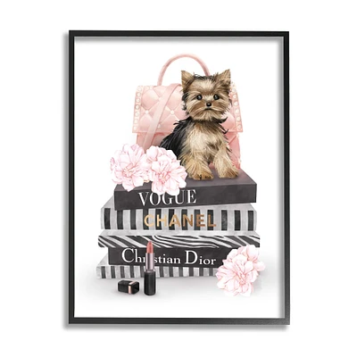 Stupell Industries Yorkie Puppy Glam Quilted Purse Fashion Bookstack Framed Wall Art