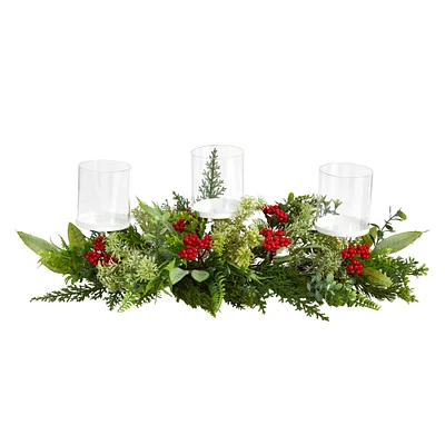 20" Winter Greenery & Berries Triple Candle Holder Christmas Table Arrangement
