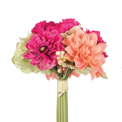 Artificial Polyester Pink, Orange, & Green Poppy & Dahlia Mixed Stem Bundle