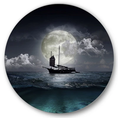 Designart - Fisher Boat On The Lake During Full Moon - Nautical & Coastal Metal Circle Wall Art